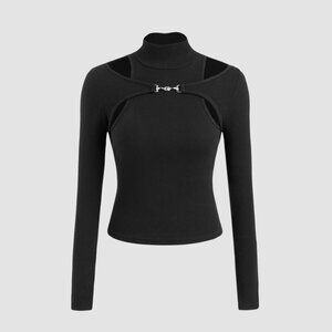 Cider Knit High Neck Solid Cut-Out Long Sleeve Tee